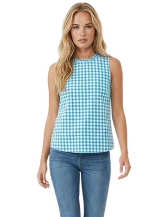 J. Crew Factory Tops - J. Crew Factory XS Gingham Sleeveless Mock Ruffle Neck Top
